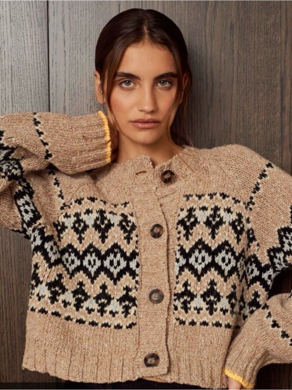Magaschoni Women's Brown & Blue Cardigan with yellow around sleeves Sz M